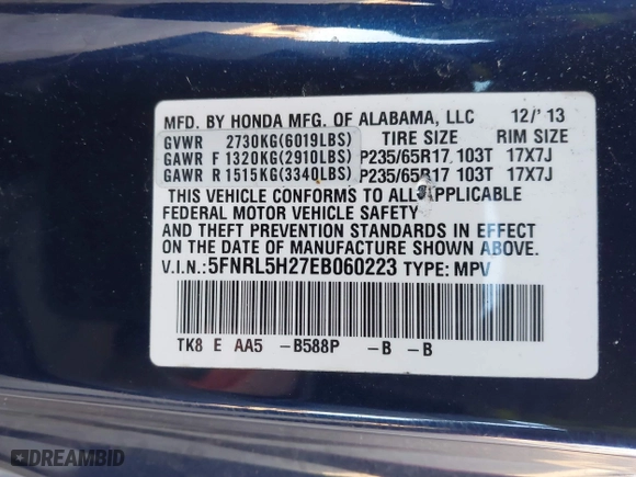 2014 Honda Odyssey LX with VIN 5FNRL5H27EB060223, listed as a IAAI auction lot 41771269 with 156,169 mi miles. Bid and sale history available at carsss.com. Image 9.