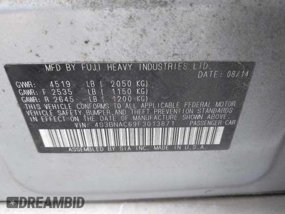 2015 Subaru Legacy Premium with VIN 4S3BNAC69F3013871, listed as a IAAI auction lot 42317208 with 264,011 mi miles and . Bid and sale history available at DreamBid. Image 9.