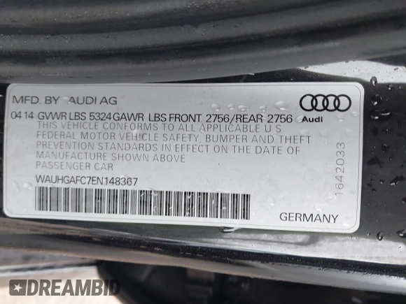 2014 Audi A6 Prestige with VIN WAUHGAFC7EN148367, listed as a IAAI auction lot 41084043 with 103,546 mi miles and . Bid and sale history available at DreamBid. Image 9.