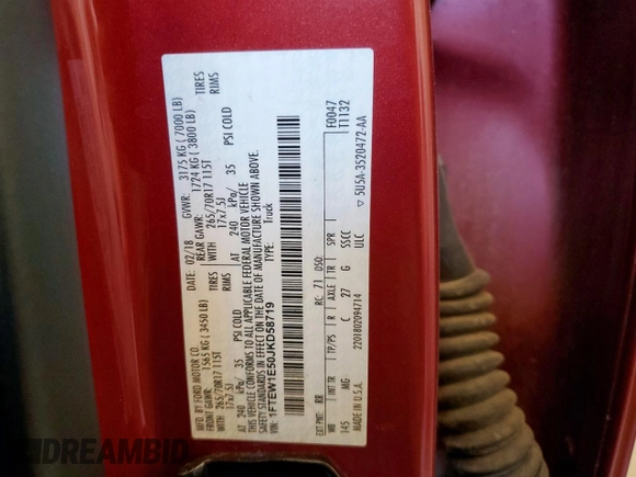 2018 Ford F-150 XL with VIN 1FTEW1E50JKD58719, listed as a Copart auction lot 59637045 with 80,914 mi miles and Salvage title. Bid and sale history available at DreamBid. Image 13.