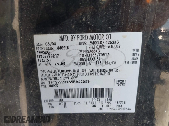 2005 Ford F-250 with VIN 1FTSW20Y65EA42059, listed as a IAAI auction lot 42547363 with Not provided miles and . Bid and sale history available at DreamBid. Image 9.