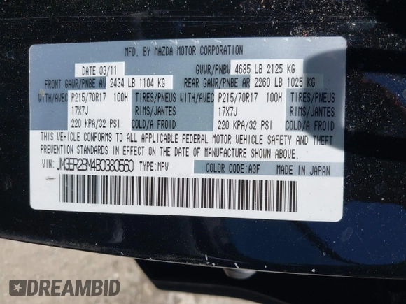 2011 Mazda CX-7 i Sport z VIN JM3ER2BM4B0380560, wystawiony jako IAAI lot #42394754 z przebiegiem 215 452 mil mil oraz . Historia ofert i sprzedaży dostępna na DreamBid. Obrazek 9.