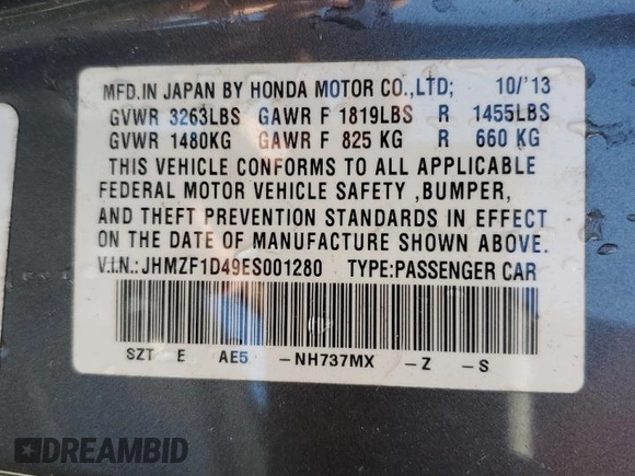 2014 Honda CR-Z with VIN JHMZF1D49ES001280, listed as a Copart auction lot 78393384 with Not Provided miles and Salvage Title. Bid and sale history available at DreamBid. Image 12.