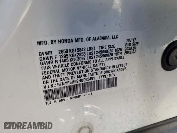 2017 Honda Pilot Touring with VIN 5FNYF6H92HB092491, listed as a Copart auction lot 76141434 with 56,002 mi miles and Salvage Title. Bid and sale history available at carsss.com. Image 16.