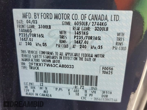 2003 Ford F-150 XL z VIN 2FTRX17W63CA80033, wystawiony jako Copart lot #58432895 z przebiegiem 111 133 mil mil oraz Szkoda całkowita • Salvage title. Historia ofert i sprzedaży dostępna na DreamBid. Obrazek 12.