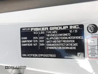 2023 Fisker Ocean Extreme z VIN VCF1EBU21PG007800, wystawiony jako IAAI lot #41640488 z przebiegiem 22 975 mil mil oraz . Historia ofert i sprzedaży dostępna na DreamBid. Obrazek 9.