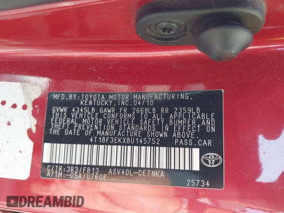 2011 Toyota Camry LE z VIN 4T1BF3EKXBU145752, wystawiony jako IAAI lot #40278431 z przebiegiem 174 130 mil mil oraz . Historia ofert i sprzedaży dostępna na DreamBid. Obrazek 9.