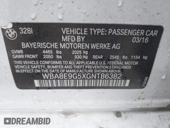2016 BMW 3 Series 328i with VIN WBA8E9G5XGNT86382, listed as a IAAI auction lot 42056602 with 149,452 mi miles. Bid and sale history available at carsss.com. Image 9.