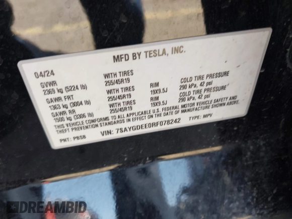 2024 Tesla Model Y Long Range z VIN 7SAYGDEE0RF078242, wystawiony jako IAAI lot #41808826 z przebiegiem 59 581 mil mil oraz . Historia ofert i sprzedaży dostępna na DreamBid. Obrazek 9.