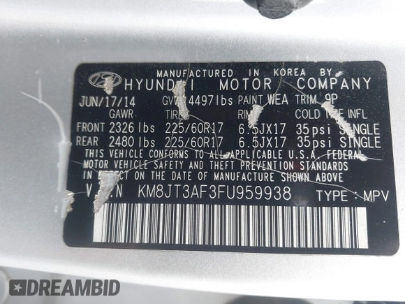 2015 Hyundai Tucson GLS with VIN KM8JT3AF3FU959938, listed as a IAAI auction lot 41828886 with 83,612 mi miles and . Bid and sale history available at DreamBid. Image 9.