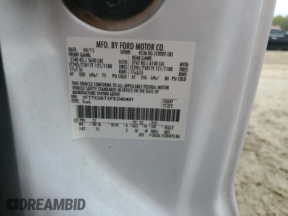 2015 Ford F-250 XLT with VIN 1FT7X2BTXFED40491, listed as a Copart auction lot 54369855 with 233,459 mi miles and Salvage title. Bid and sale history available at DreamBid. Image 12.