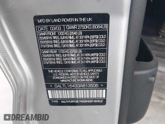 2003 Land Rover Discovery with VIN SALTL16433A813506, listed as a IAAI auction lot 41745613 with Not Provided miles and . Bid and sale history available at DreamBid. Image 9.