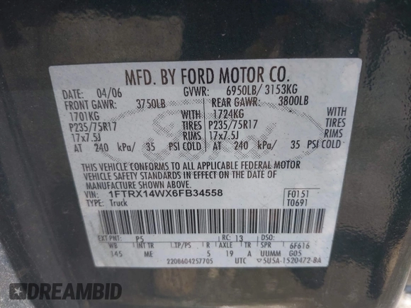 2006 Ford F-150 STX with VIN 1FTRX14WX6FB34558, listed as a IAAI auction lot 42146556 with 205,932 mi miles. Bid and sale history available at carsss.com. Image 9.