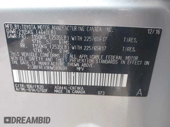 2017 Toyota RAV4 LE with VIN 2T3BFREV9HW589699, listed as a IAAI auction lot 42365426 with 71,166 mi miles and . Bid and sale history available at DreamBid. Image 9.