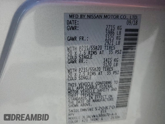 2019 Infiniti QX60 Luxe with VIN 5N1DL0MN5KC520870, listed as a Copart auction lot 61507995 with 55,921 mi miles and Salvage title. Bid and sale history available at DreamBid. Image 14.