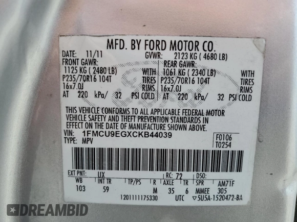 2012 Ford Escape Limited с VIN 1FMCU9EGXCKB44039, выставлен на аукционе Copart как лот 59999625 с пробегом 250 885 миль миль и Списание • Salvage title. История ставок и продаж доступна на DreamBid. Изображение 13.