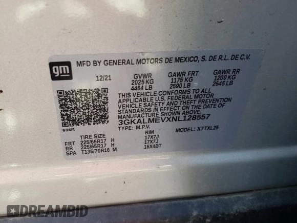2022 GMC Terrain SLE with VIN 3GKALMEVXNL128557, listed as a Copart auction lot 47608065 with 43,595 mi miles and Salvage title. Bid and sale history available at DreamBid. Image 14.