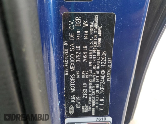 2019 Kia Forte LXS with VIN 3KPF24ADXKE122906, listed as a Copart auction lot 59979755 with 80,567 mi miles and Non repairable. Bid and sale history available at DreamBid. Image 12.