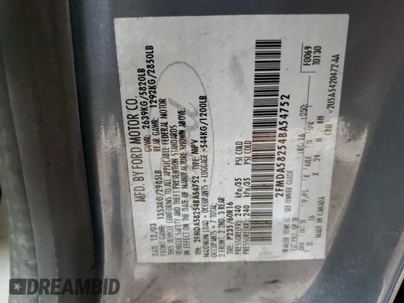 2004 Ford Freestar Limited z VIN 2FMDA58254BA54752, wystawiony jako Copart lot #89195235 z przebiegiem Nie podano mil oraz Szkoda całkowita • Salvage title. Historia ofert i sprzedaży dostępna na DreamBid. Obrazek 13.