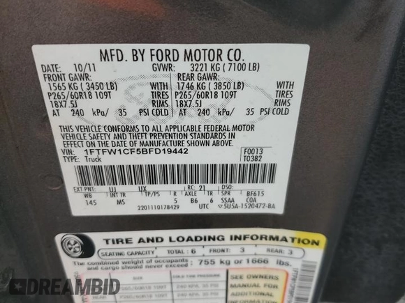 2011 Ford F-150 XL with VIN 1FTFW1CF5BFD19442, listed as a Copart auction lot 56927195 with 197,991 mi miles and Salvage title. Bid and sale history available at DreamBid. Image 12.