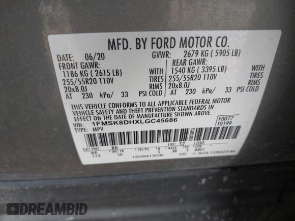 2020 Ford Explorer XLT with VIN 1FMSK8DHXLGC45686, listed as a IAAI auction lot 41767725 with 51,226 mi miles and . Bid and sale history available at DreamBid. Image 9.