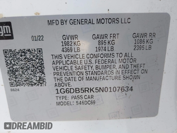 2022 Cadillac CT4 Premium Luxury z VIN 1G6DB5RK5N0107634, wystawiony jako IAAI lot #42053131 z przebiegiem 57 171 mil mil oraz . Historia ofert i sprzedaży dostępna na DreamBid. Obrazek 9.