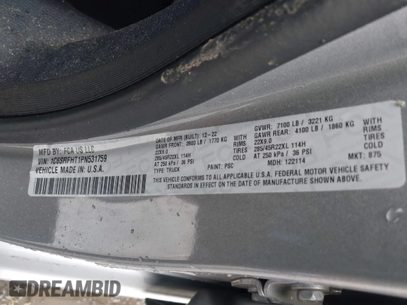 2023 Ram 1500 Limited with VIN 1C6SRFHT1PN531759, listed as a IAAI auction lot 42323882 with 47,809 mi miles and . Bid and sale history available at DreamBid. Image 9.