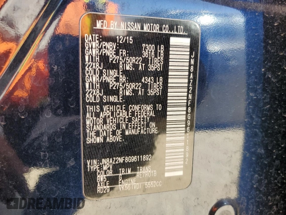 2016 Infiniti QX80 with VIN JN8AZ2NF8G9611892, listed as a Copart auction lot 50199605 with 174,437 mi miles and Clean title. Bid and sale history available at DreamBid. Image 12.