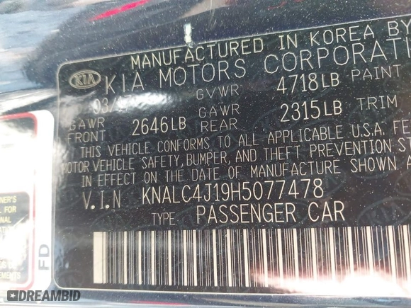 2017 Kia Cadenza Limited with VIN KNALC4J19H5077478, listed as a IAAI auction lot 41514106 with NaN miles. Bid and sale history available at carsss.com. Image 9.
