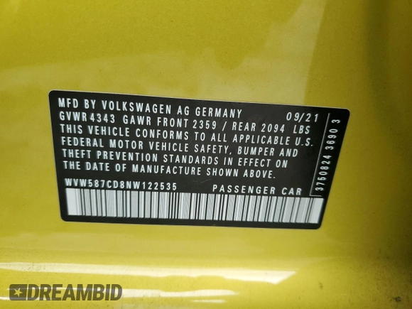 2022 Volkswagen GTI Autobahn with VIN WVW587CD8NW122535, listed as a Copart auction lot 73020804 with 27,341 mi miles and Salvage Title. Bid and sale history available at DreamBid. Image 12.