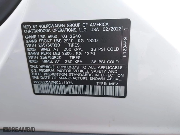 2022 Volkswagen Atlas Cross Sport 3.6L V6 SE w/Technology with VIN 1V2JE2CAXNC211975, listed as a IAAI auction lot 41668404 with 17,983 mi miles. Bid and sale history available at carsss.com. Image 9.