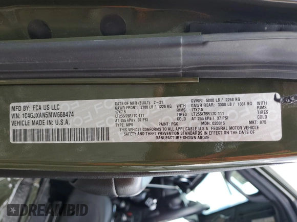 2021 Jeep Wrangler Sport z VIN 1C4GJXAN5MW668474, wystawiony jako Copart lot #53238095 z przebiegiem Nie podano mil oraz Szkody całkowita. Historia ofert i sprzedaży dostępna na DreamBid. Obrazek 14.