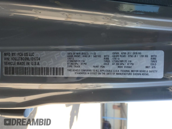 2022 Jeep Gladiator Rubicon z VIN 1C6JJTBG9NL101774, wystawiony jako Copart lot #74597074 z przebiegiem 11 903 mil mil oraz Szkoda całkowita • Salvage title. Historia ofert i sprzedaży dostępna na DreamBid. Obrazek 12.
