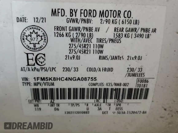 2022 Ford Explorer Platinum with VIN 1FM5K8HC4NGA08755, listed as a Copart auction lot 87959925 with 54,263 mi miles and Salvage Title. Bid and sale history available at carsss.com. Image 14.