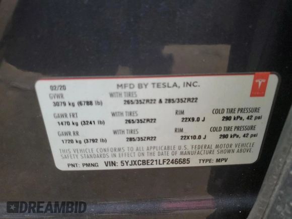 2020 Tesla Model X Long Range with VIN 5YJXCBE21LF246685, listed as a Copart auction lot 43800885 with 42,781 mi miles and Salvage Title. Bid and sale history available at DreamBid. Image 16.