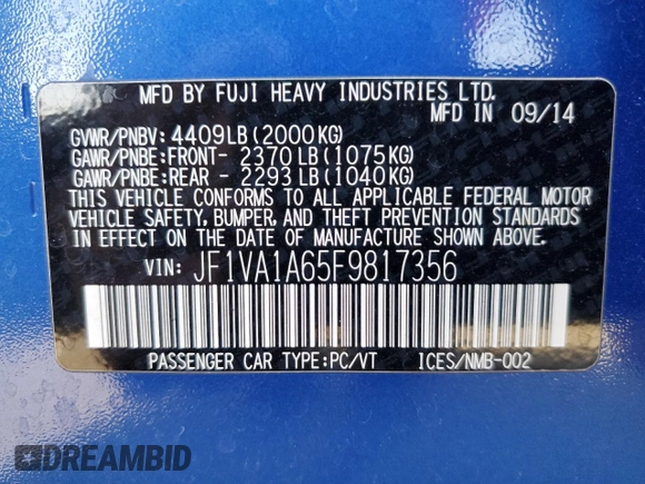 2015 Subaru WRX with VIN JF1VA1A65F9817356, listed as a Copart auction lot 62719375 with 143,518 mi miles and Salvage title. Bid and sale history available at DreamBid. Image 12.