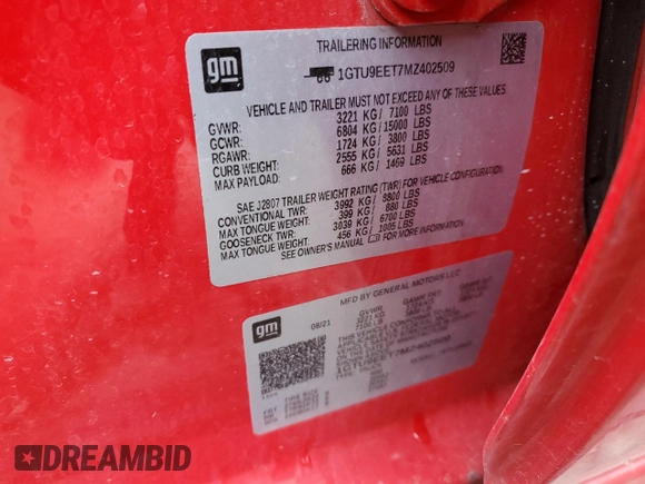 2021 GMC Sierra 1500 AT4 with VIN 1GTU9EET7MZ402509, listed as a Copart auction lot 49750745 with 0 mi miles and Salvage Title. Bid and sale history available at carsss.com. Image 12.