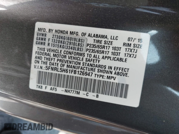 2015 Honda Odyssey EX-L z VIN 5FNRL5H61FB126947, wystawiony jako IAAI lot #42165599 z przebiegiem 213 058 mil mil oraz . Historia ofert i sprzedaży dostępna na DreamBid. Obrazek 9.
