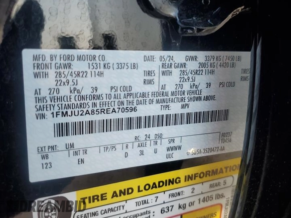 2024 Ford Expedition Limited z VIN 1FMJU2A85REA70596, wystawiony jako Copart lot #57138565 z przebiegiem 6 929 mil mil oraz Szkoda całkowita • Salvage title. Historia ofert i sprzedaży dostępna na DreamBid. Obrazek 14.