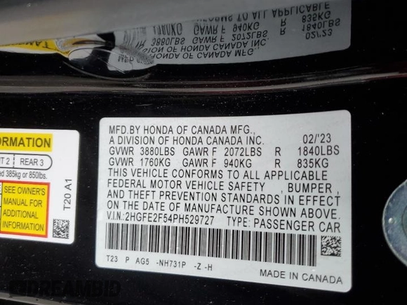 2023 Honda Civic Sedan Sport with VIN 2HGFE2F54PH529727, listed as a Copart auction lot 48689865 with 46,444 mi miles and Salvage Title. Bid and sale history available at carsss.com. Image 14.