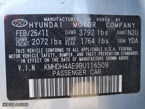 2011 Hyundai Elantra Ltd with VIN KMHDH4AE9BU116509, listed as a Copart auction lot 41697755 with 154,145 mi miles and Salvage Title. Bid and sale history available at carsss.com. Image 12.