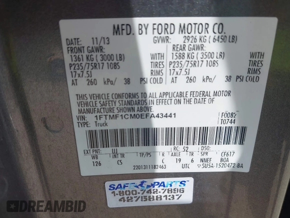 2014 Ford F-150 XL with VIN 1FTMF1CM0EFA43441, listed as a IAAI auction lot 42526218 with 232,421 mi miles and . Bid and sale history available at DreamBid. Image 9.
