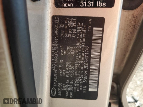 2007 Hyundai Santa Fe SE with VIN 5NMSH13E87H011742, listed as a Copart auction lot 57770685 with 140,047 mi miles and Salvage title. Bid and sale history available at DreamBid. Image 13.