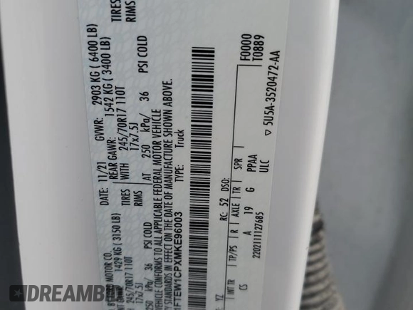2021 Ford F-150 XL with VIN 1FTEW1CPXMKE96003, listed as a Copart auction lot 42162035 with 28,887 mi miles and Clean title. Bid and sale history available at DreamBid. Image 12.