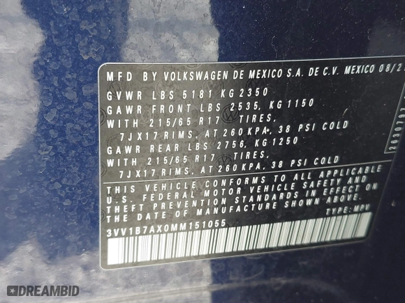 2021 Volkswagen Tiguan S with VIN 3VV1B7AX0MM151055, listed as a IAAI auction lot 41514874 with 20,513 mi miles. Bid and sale history available at carsss.com. Image 9.