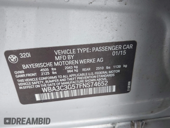 2015 BMW 3 Series 320i xDrive with VIN WBA3C3G57FNS74652, listed as a IAAI auction lot 41723695 with 146,919 mi miles and . Bid and sale history available at DreamBid. Image 9.
