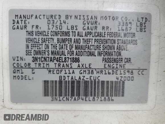 2014 Nissan Versa S Plus with VIN 3N1CN7AP4EL871886, listed as a Copart auction lot 55103865 with 132,525 mi miles and Salvage Title. Bid and sale history available at DreamBid. Image 13.