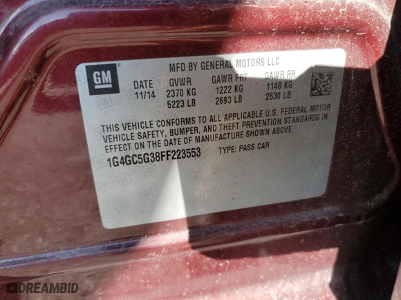 2015 Buick LaCrosse Leather with VIN 1G4GC5G38FF223553, listed as a Copart auction lot 49387105 with 191,807 mi miles and Salvage Title. Bid and sale history available at carsss.com. Image 14.
