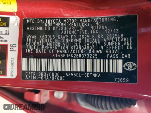 2014 Toyota Camry L with VIN 4T4BF1FK2ER373225, listed as a Copart auction lot 53447135 with 81,074 mi miles and Salvage Title. Bid and sale history available at carsss.com. Image 12.