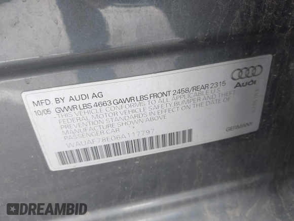 2006 Audi A4 2.0T with VIN WAUAF78E06A117797, listed as a IAAI auction lot 41742703 with 145,044 mi miles and . Bid and sale history available at DreamBid. Image 9.